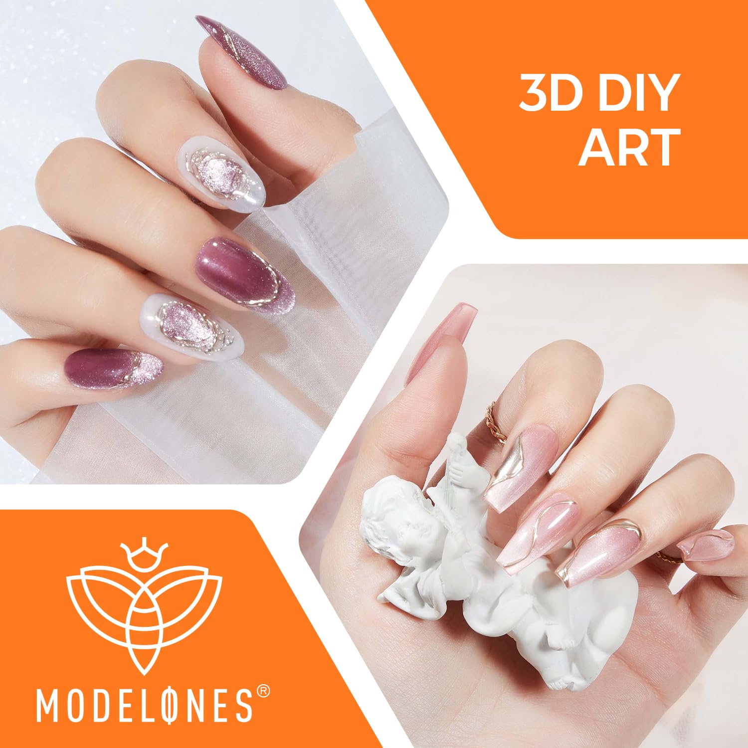 Modelones 3D Gel Nail Art, Sculpting Gel Glue for Molding, Drawing, Charms & Gems Glue, Nail Stuff for Chrome Powder and Rhinestone Design No Wipe, U V Light Cured Salon & DIY Use-BrightBean Baby