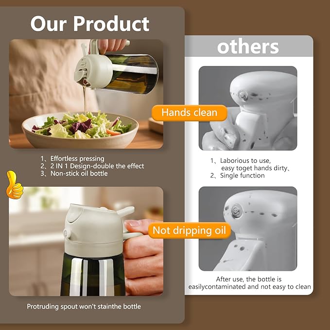 Olive Oil Dispenser and Oil Sprayer – 16oz/470ml Glass Light-Proof Oil Pourer for Kitchen, Air Fryer, Cooking, Salad, and BBQ