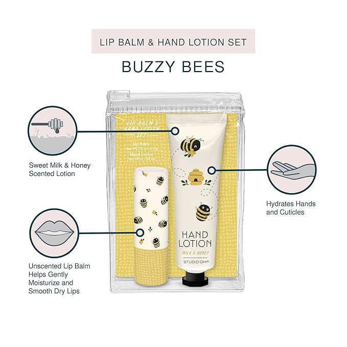 Studio Oh! Lip Balm & Hand Lotion Set - Travel-Size Toiletries, 2-Piece Gift Set - Moisturizing, Portable - Buzzy Bees-BrightBean Baby