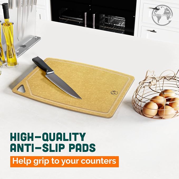 Earth’s Dreams Wood Cutting Board Set 3-Piece: Small, Large & Extra Large - Charcuterie Board, Non-Plastic, Non-Toxic, Heavy-Duty, Dishwasher Safe (Tan/Juice)