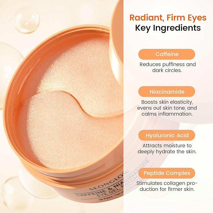 Caffeine Under Eye Patches: 30 Pairs Korean Hydrogel Eye Masks for Dark Circles Puffiness Relief with Niacinamide Hyaluronic Acid - Undereye Brightening Hydrating Anti-Wrinkle Treatment-BrightBean Baby