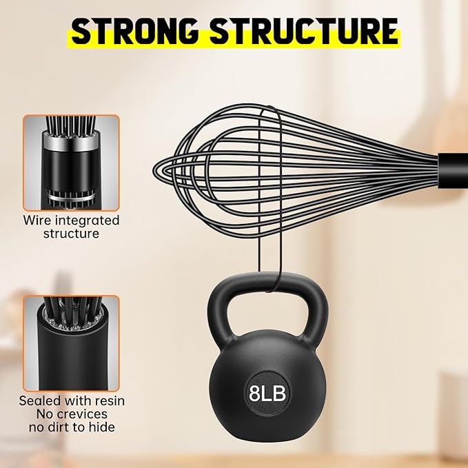 HOTEC 4 Pieces Silicone Whisks Set, Wire Balloon Whisks Egg Beater, Non-slip Handle Whisk for Non-stick Cookware Perfect for Cooking, Stirring, Beating and Blending (Black)