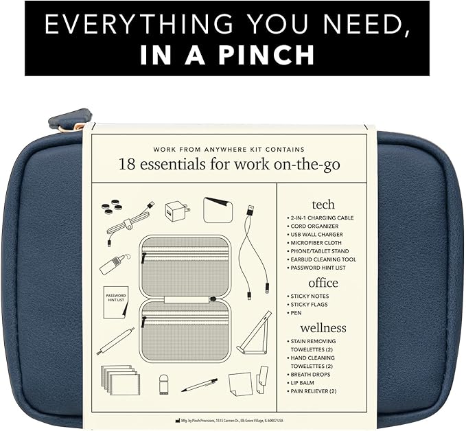 Pinch Provisions Work from Anywhere Kit, Includes 18 Essentials to Help You Stay on Task, Must-Have Essentials, Compact Multi-Functional Vegan Leather Pouch, Navy-BrightBean Baby