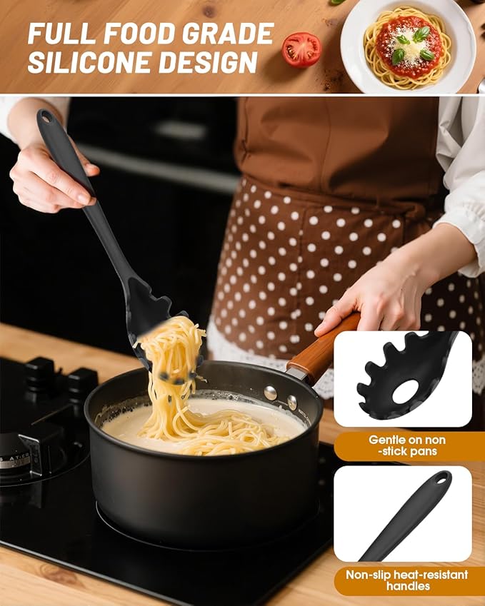 Spaghetti Spoon and Pasta Tong with Non-Slip Silicone Teeth, Food Clip for Spaghetti Noodle, Heat Resistant Kitchen Utensils with Storage Holes, Dishwasher Safe