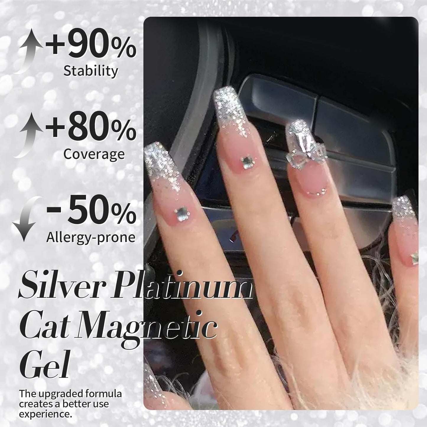 Born Pretty Cat Magnetic Eye Gel Nail Polish, Silver Platinum Cat Magnetic Gel, Sparkle Glitter Magnetic Soak Off U v Nail Gel Diy Art Manicure Nail Salon Varnish 15ML-BrightBean Baby