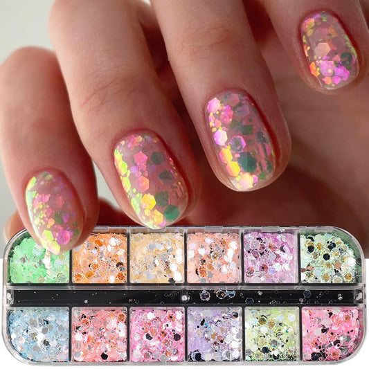 12 Grids Colorful Mermaid Nail Sequin Holographic Nail Art Glitter,Iridescent Nail Art Flake Glitter Decals Glass Paper Design Nail Accessories Acrylic Nails for Women Make Up DIY Nail Decoration-BrightBean Baby