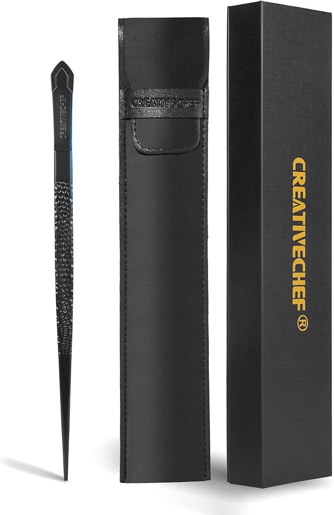 CREATIVECHEF 10" Chef Tweezer Tongs, Professional Kitchen Tweezers, 10 inch Straight Precision Tweezer Tongs for Cooking, BBQ, Plating, Stainless Steel, Black (1)