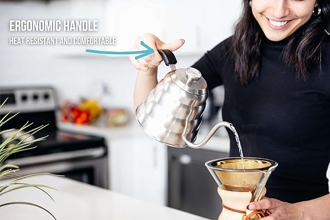 Barista Warrior Pour Over Coffee Kettle with Thermometer for Exact Temperature – Gooseneck Kettle for Pour Over Coffee and Tea, Stainless Steel for All Stovetops (1.0 Liter, 34 fl oz)