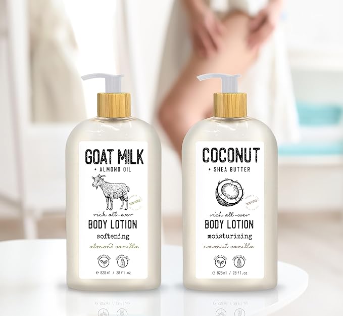Skin Verse Body Lotion, Goat Milk, Almond Oil Body Lotion, Softening, Almond Vanilla, Coconut, Shea Butter Body Lotion, Moisturizing, Coconut Vanilla, 28 fl. oz. | Home and Body Co-BrightBean Baby