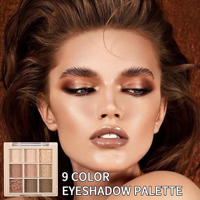 Erinde 9 Colors Eyeshadow Palette, Matte Shimmer Glitter Eye Shadow Makeup Palette, Highly Pigmented Long Lasting Waterproof, Natural Neutral Nude Eyeshadow Makeup Pallet, Cashmere-BrightBean Baby