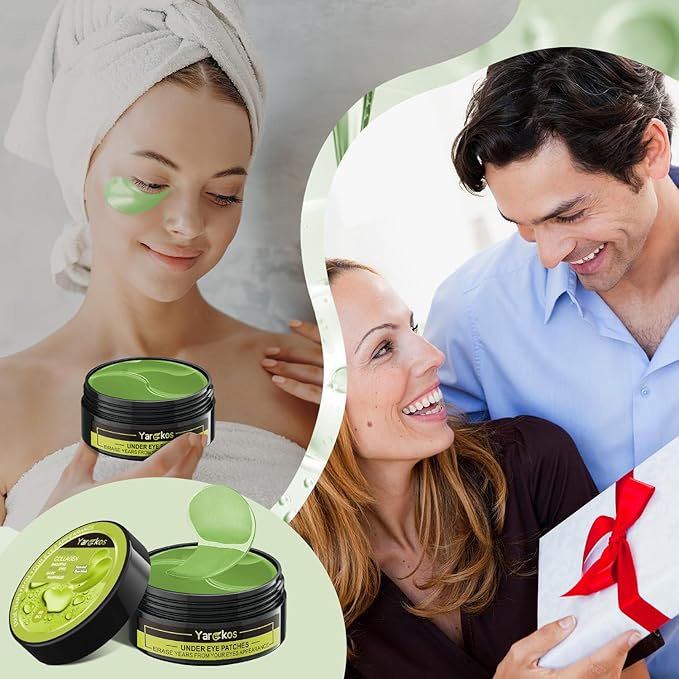 60 Pcs Green Under Eye Patches with 5 Pieces Travel 24K Gold Eye Mask, 30 Pairs Undereye Mask for Dark Circles Puffy Eye Treatment, Collagen Gel Pads Hydrating for Eye Bag Puffiness Wrinkle-BrightBean Baby