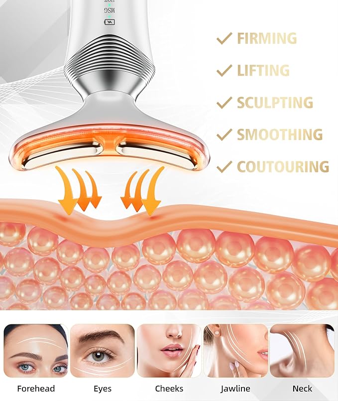 9-in-1 Red-Light-Therapy-for-Face-and-Neck, Portable Facial Massager Tool with Adjustable Vibration & Thermals for Wrinkles, Double Chin, White-BrightBean Baby