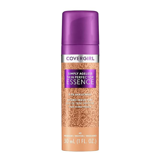 Covergirl Simply Ageless Skin Perfector Essence Foundation, 40 Medium, Tinted Skin Perfector, Skincare Makeup Hybrid, Sheer Tint, Radiant Finish, Skin-Like Finish, Vegan Formula, 1.0oz-BrightBean Baby
