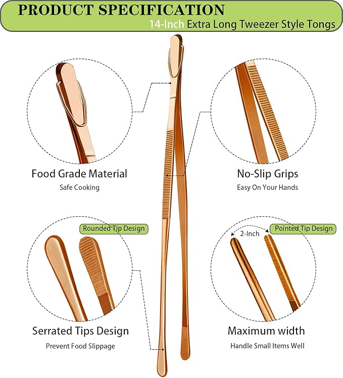 JETKONG 2 Pcs 14-Inch Kitchen Tweezers Extra Long Cooking Tweezer Tongs Stainless Steel Long Food Tweezers (Rose Gold)