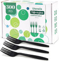 300 Count Compostable Forks, Non Plastic Forks, Black Disposable Forks, Heavy Duty Plastic Silverware, Eco Friendly Compostable Utensils for Party Wedding Picnic