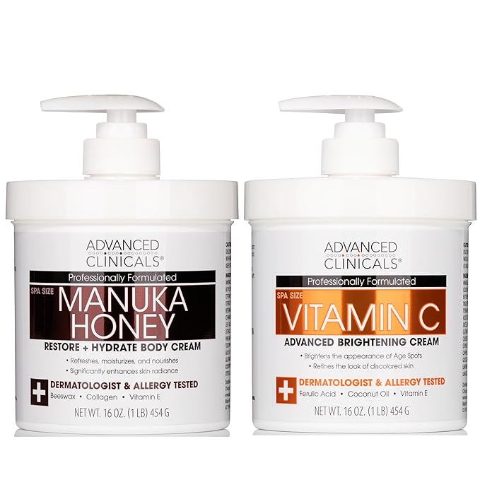 Advanced Clinicals Vitamin C Brightening Cream + Manuka Honey Body Lotion & Face Moisturizer 2pc Skincare Set For Women & Men | Body Butter Creams Help Reduce Appearance Of Dark Spots & Dry Skin, 2pc-BrightBean Baby