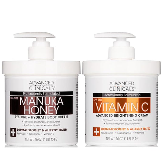 Advanced Clinicals Vitamin C Brightening Cream + Manuka Honey Body Lotion & Face Moisturizer 2pc Skincare Set For Women & Men | Body Butter Creams Help Reduce Appearance Of Dark Spots & Dry Skin, 2pc-BrightBean Baby