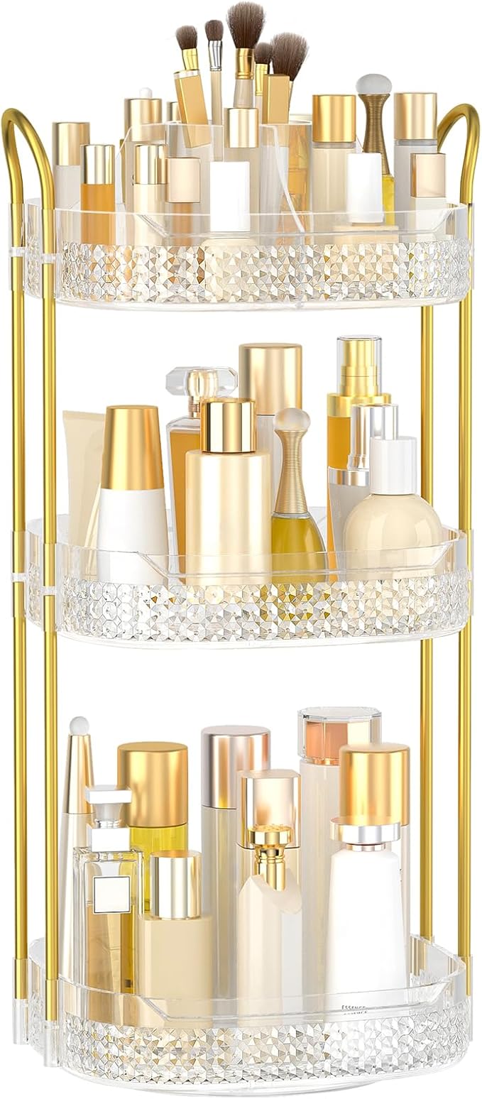 Rotating Makeup Organizer for Vanity 3 Tier, Perfume Organizer with Makeup Brush Holder, Large Capacity Cosmetics Clear Skincare Organizer for Countertop (Transparent)-BrightBean Baby