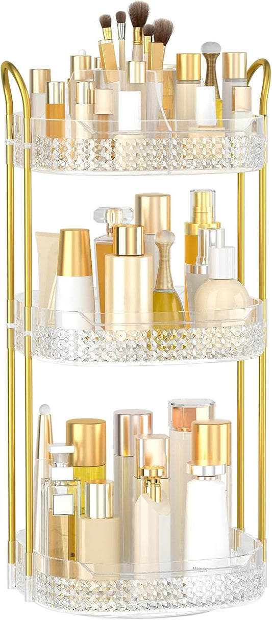 Rotating Makeup Organizer for Vanity 3 Tier, Perfume Organizer with Makeup Brush Holder, Large Capacity Cosmetics Clear Skincare Organizer for Countertop (Transparent)-BrightBean Baby