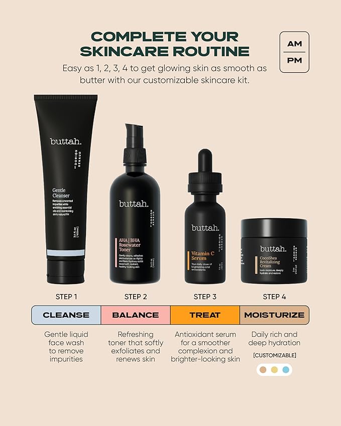 Buttah Skin Supreme Kit for Melanin Rich Skin | CocoShea Revitalizing Cream 2 oz | Vitamin C Serum 1 oz | Cleanser 3.4 oz | Rosewater Toner 3.4 oz | Black Owned Skincare-BrightBean Baby