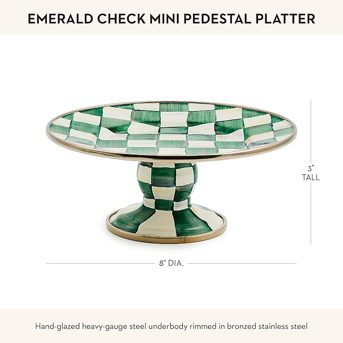 MACKENZIE-CHILDS Enamel Pedestal Platter, Round Cake Stand, Mini, Green-and-White Emerald Check