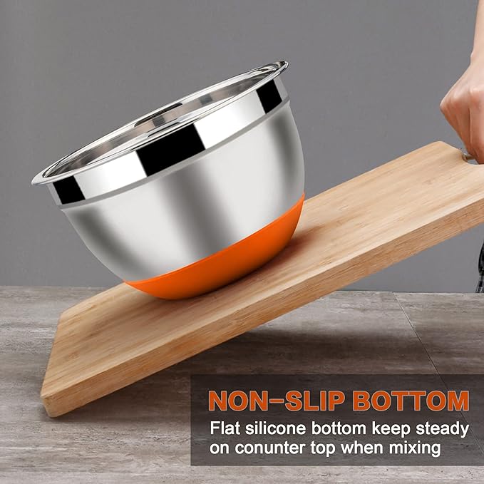 LIANYU Nesting Mixing Bowls Set of 6 with Airtight Lids, Size 7, 3.5, 2.5, 2, 1.5, 1QT, Large Stainless Steel Metal Bowls for Baking Cooking Food Storage, Non-slip Bottom, Colorful