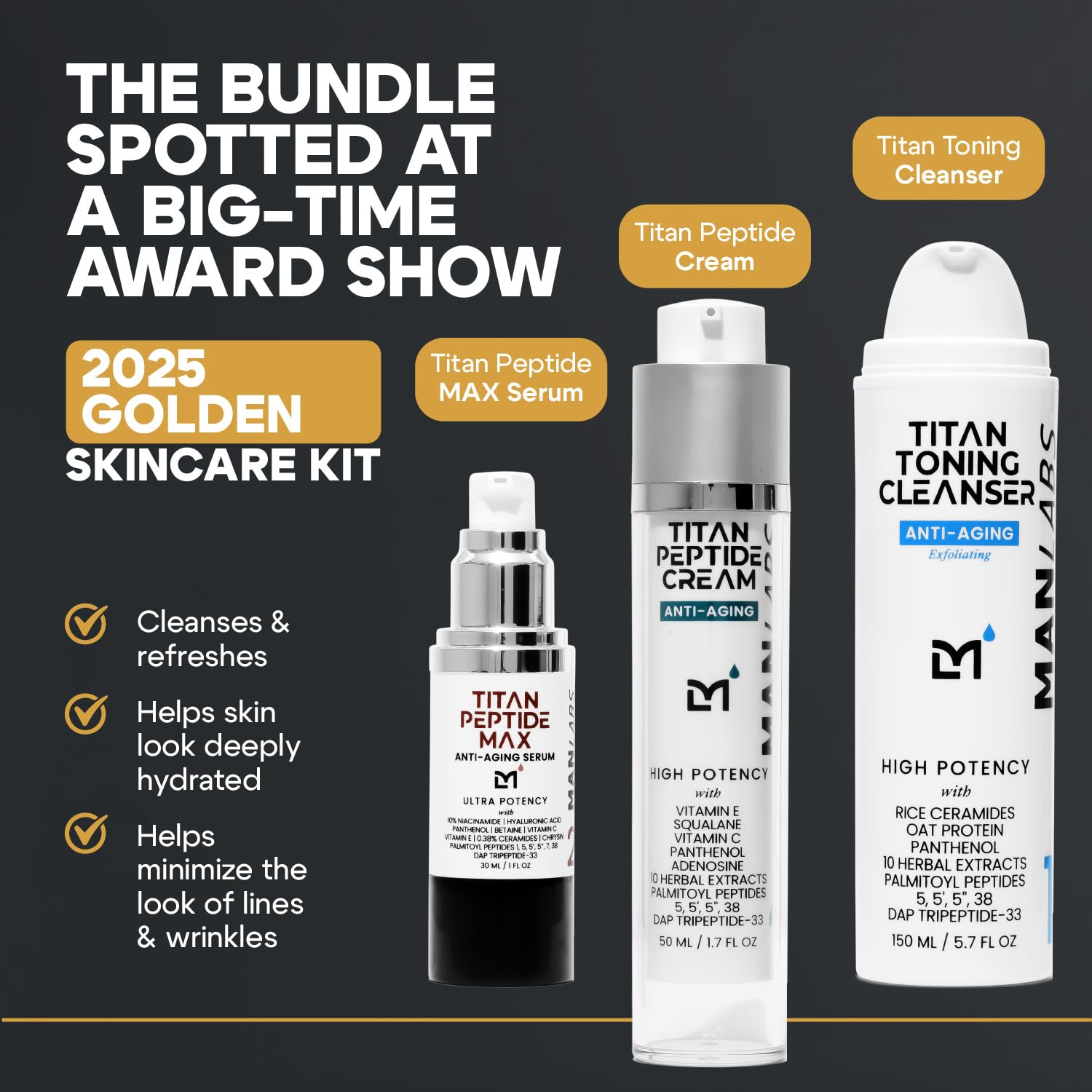 Titan Golden Anti-Aging Mens Skin Care Kit – Wash, Face Serum, Mens Face Moisturizer – Men, Skin Care Set – Dark Spots, Wrinkles, Fine Lines – Vitamin C, Peptides, Niacinamide, HA – Unscented-BrightBean Baby