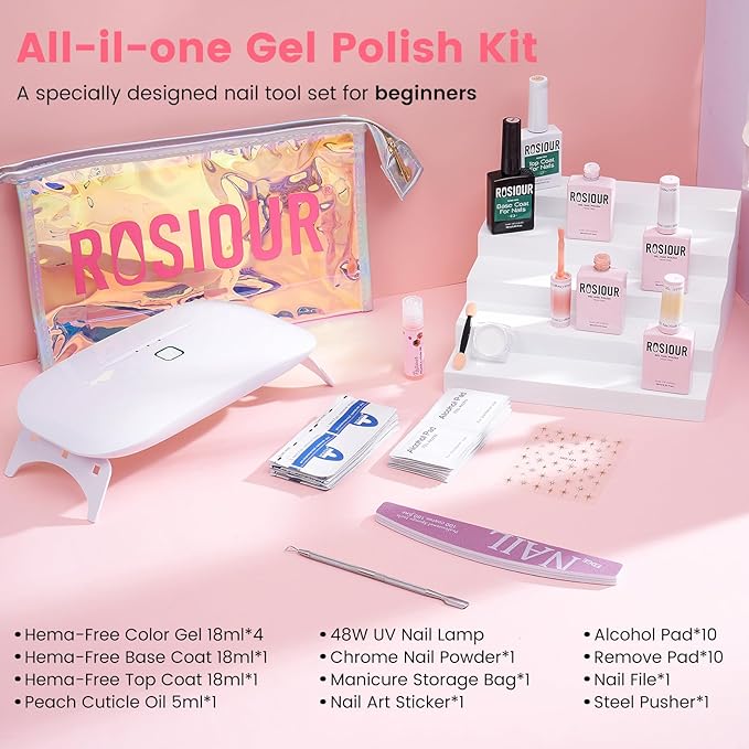 Jelly Gel Nail Polish Kit with U V Light, Hema-Free Milky Jelly White Pink Nude Orange Gel Polish Set with Base & Top Coat Chrome Nail Powder, 4 Colors Mini Salon Nail Art Starter Gift for Women Girl-BrightBean Baby