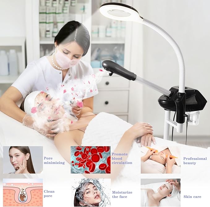 Professional Facial Steamer, 2 in 1 Face Steamer on Wheels, with 5X Magnifying Lamp, Facial Steamer with Time Setting, Stand Face Steamer Adjustable Height for Spa, Salon and at Home use-BrightBean Baby
