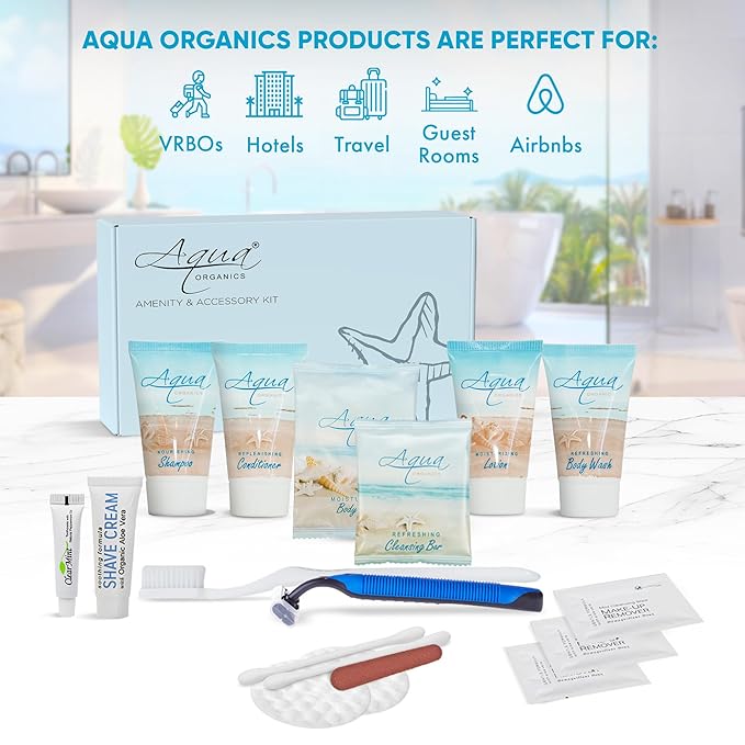 Aqua Organics Amenity & Accessory Kit|1oz Travel Size Shampoo,Conditioner,Lotion,Body Wash,Body Bar, Cleansing Bar, Shave & Dental Sets, Make-Up Remover Wipes & Vanity Kit|60 sets-BrightBean Baby