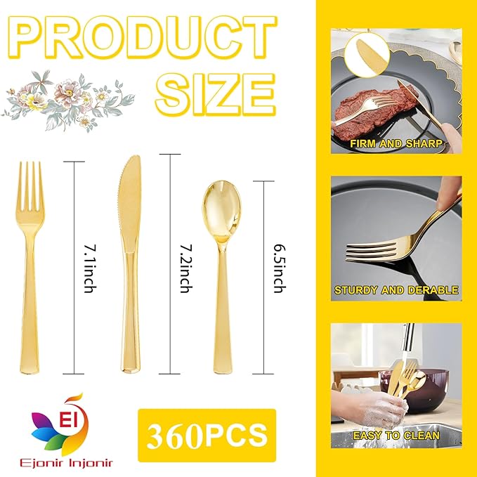 EI 360pcs Gold Plastic Silverware,Gold Silverware Disposable,Gold Forks and Spoons,Gold Cutlery include 120pcs Plastic Forks,120pcs Plastic Spoons and 120pcs Plastic Knives