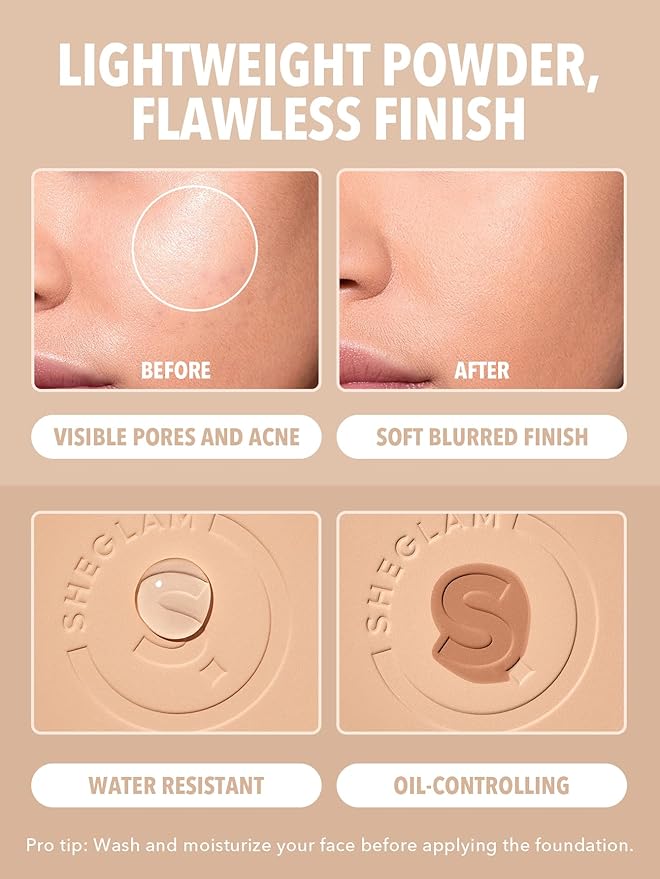 SHEGLAM SKin-Focus Full Coverage Powder Foundation Oil-Control Lightweight Face Pressed Powder Makeup-Cashew-BrightBean Baby