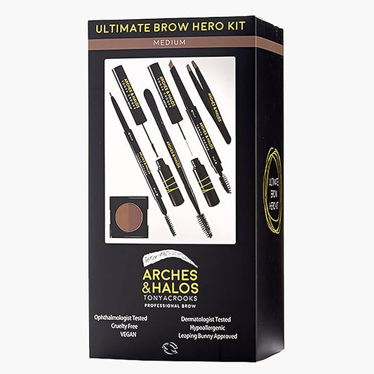 Arches & Halos - Ultimate Brow Hero Kit - Eyebrow Styling Makeup Kit, Pencil, Gel, Shading, Powder, Mousse, Natural and Bold Precise Brow Shaper - Hypoallergenic, Vegan - 7 Pc Kit, Medium-BrightBean Baby