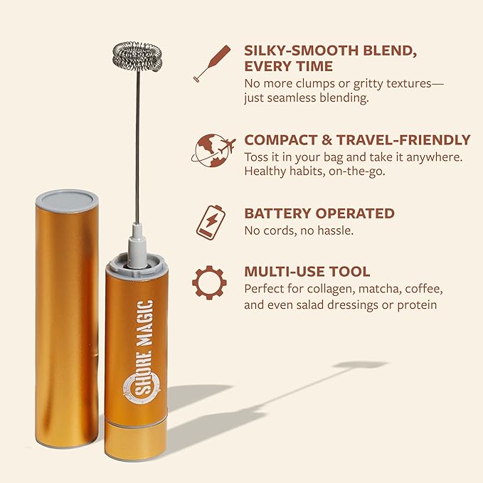 Shore Magic Premium Stainless Steel Handheld Milk Frother – Battery Operated Mini Blender/Whisk – Creates Rich, Creamy Froth for Lattes, Cappuccinos & Cold Drinks