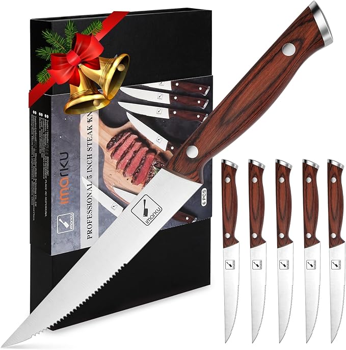 imarku Steak Knives Set of 6, Japanese HC Steel Premium Serrated Steak Knife Set with Ergonomic Handle and Gift Box, Home Essential, Best Chrismas Gifts for Women and Men
