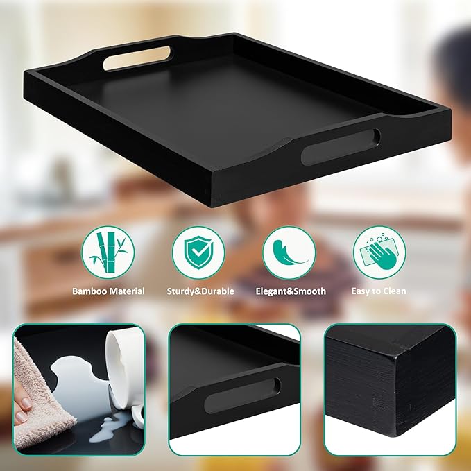 Bamboo Food Serving Tray with Handles, Breakfast Bed Tray for Tea,Snack,Dinner, Home Decorative Storage Food, Platter, Ottoman for Kitchen Counter, Bathroom, Restaurant (Black)