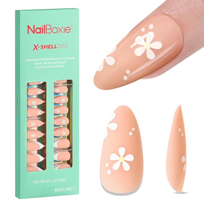 modelones Press on Nails, 150 Pcs French Tip Press on Nails, NailBoxie Brown Almond Shape Nail Tips, Natural Salon Finish Fake Nails, Ideal for Wedding, Party, Daily DIY Nail, 15 Sizes-BrightBean Baby
