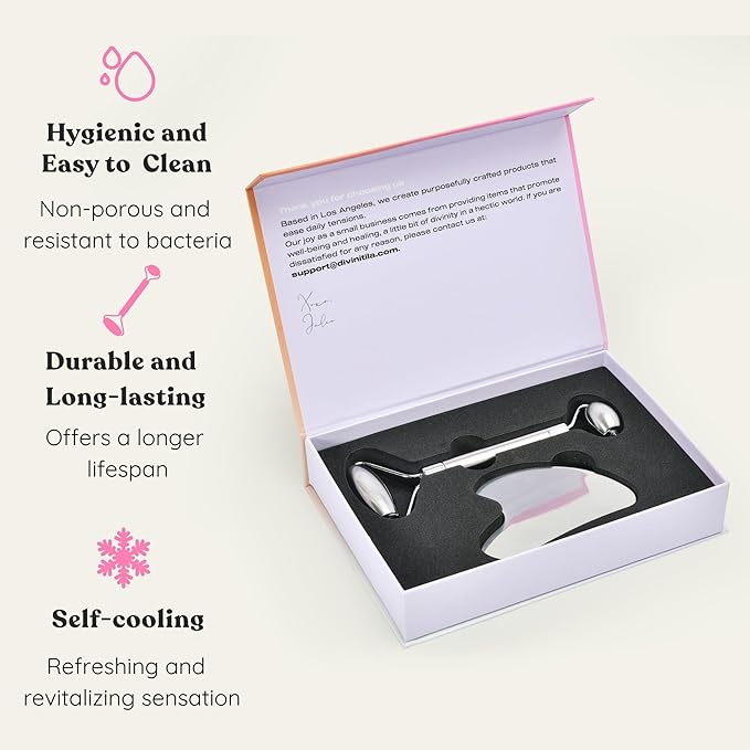 Stainless Steel Face Roller - Premium Gua Sha Facial Tools Stainless Steel GuaSha Tool and Face Roller Set - Gua Sha Stainless Steel Gua Sha Tool - Metal Face Roller and Gua Shua Set - Spa Gifts-BrightBean Baby