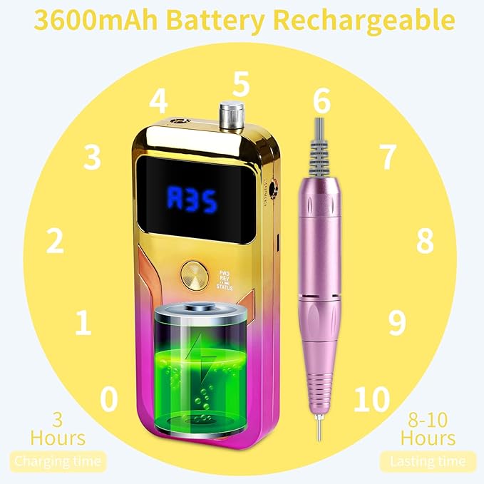 Portable Nail Drill Professional 35000 RPM, MOCOWIND Rechargeable Electric Nail File Machine for Acrylic Nails Gel Polishing, Cordless E-File with Bits Kit for Manicure Salon Home, Yellow & Purple-BrightBean Baby