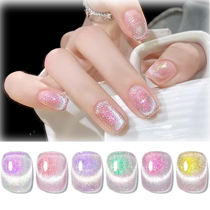 Born Pretty Cat Magnetic Eye Gel Nail Polish, Mermaid Aurora Holographic Pink Blue Green Yellow Gel Polish, Soak Off U V LED Gel Polish Nail Art Design Manicure Salon DIY Home 7ML 6PCS-BrightBean Baby