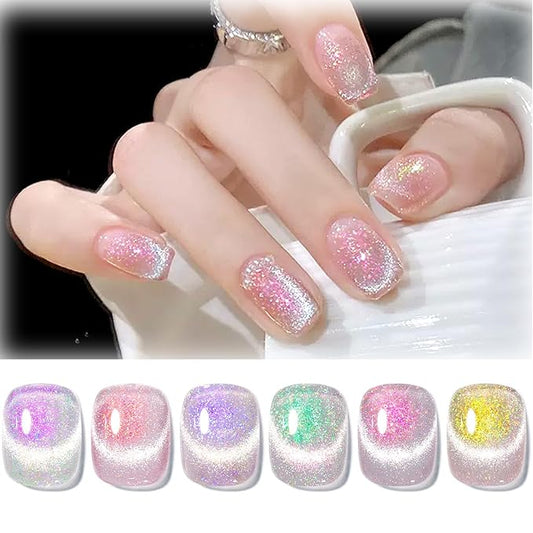 Born Pretty Cat Magnetic Eye Gel Nail Polish, Mermaid Aurora Holographic Pink Blue Green Yellow Gel Polish, Soak Off U V LED Gel Polish Nail Art Design Manicure Salon DIY Home 7ML 6PCS-BrightBean Baby