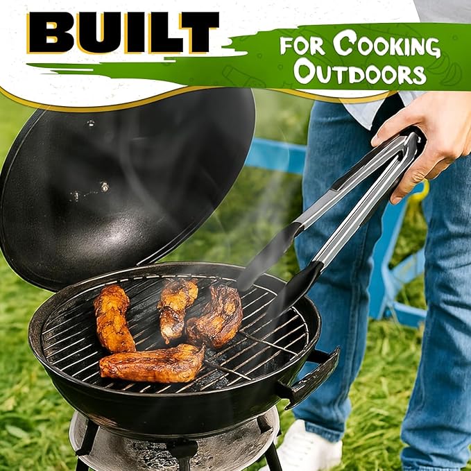 3Pcs Kitchen Tongs with Silicone Tips - Tong Set 7/9/12" | Silicone Tongs for Cooking Heat Resistant, High Temperature, Non Stick, Built-In Lock Ring - Stainless Steel Kitchen Utensils for Cooking