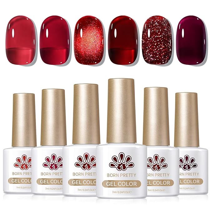 Born Pretty Jelly Burgundy Gel Nail Polish Ruby Red Glitter Cat Magnetic Eye Gel Nail Polish Fall Winter Blood Cherry Wine Red Gel Polish Glitter Soak Off Nail Art Salon Manicure Home Gift 7ml 6pcs-BrightBean Baby