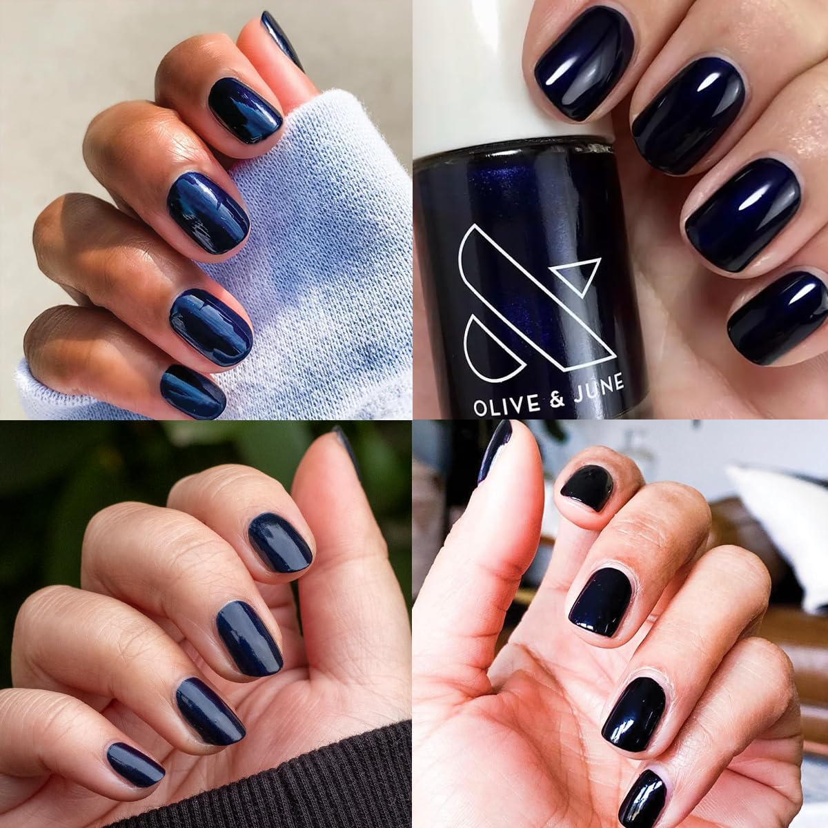 Olive & June Long Lasting Nail Polish | Plump Gel-Like Finish No Lamp Needed | Lasts up to 10 days | Salon-Quality at Home 15-Free Vegan Cruelty-Free Chip-Resistant Shine | HJ Shimmering Midnight Blue-BrightBean Baby