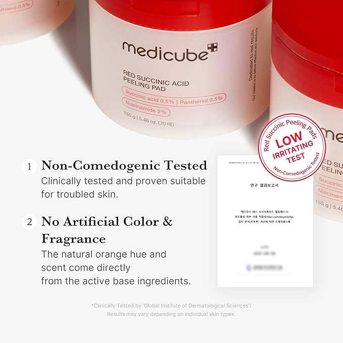Medicube Red Succinic Acid Panthenol Facial Peeling Pads - Exfoliating Toner Pads for Breakout-Prone Skin with Niacinamide, AHA, BHA, and Soothing Panthenol - Non-Comedogenic-BrightBean Baby