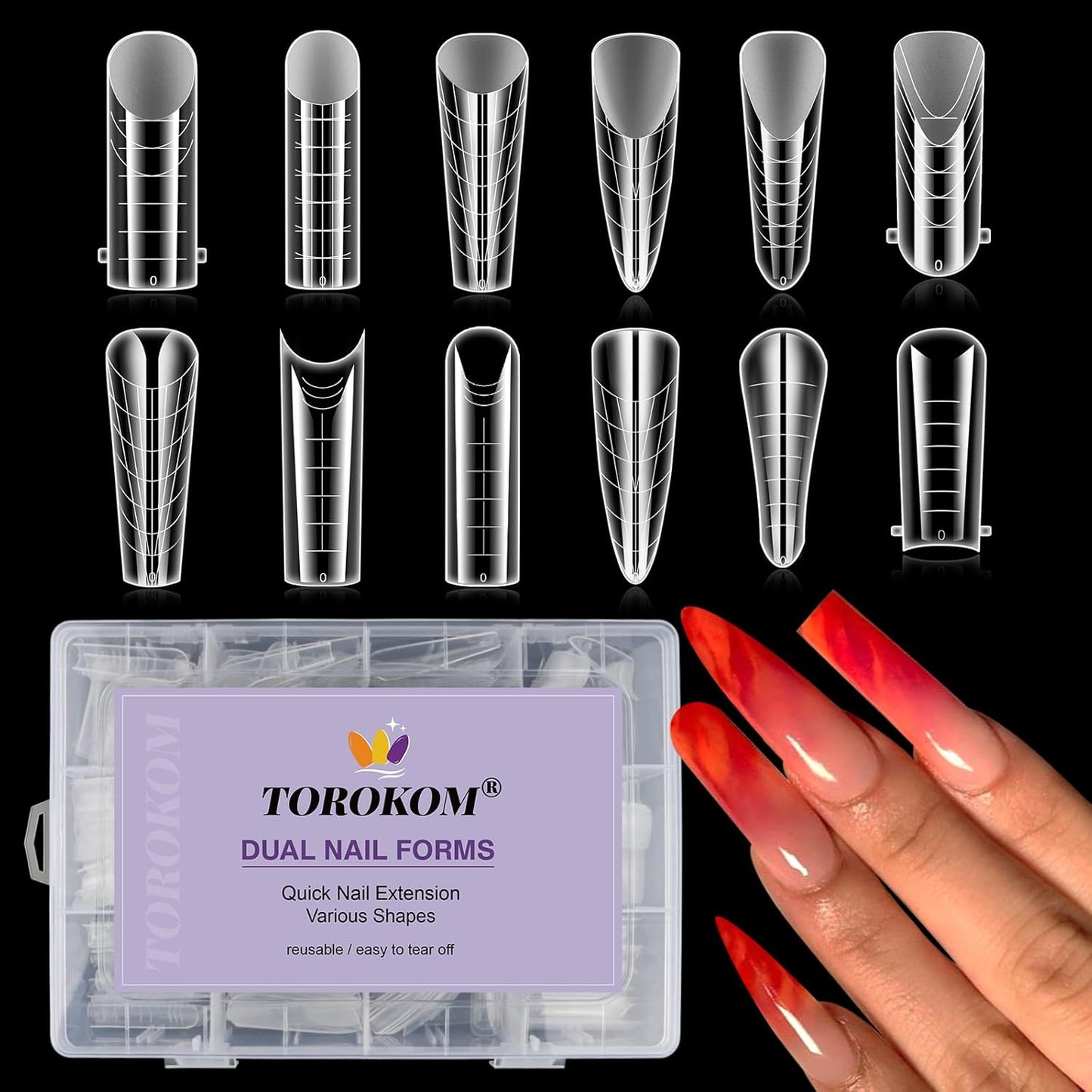 TOROKOM Dual Forms for Poly Nail Gel 288PCS Dual Nail Forms Molds Stiletto Coffin Ballerina Acrylic Nail Tips 12 Shapes for Builder Gel Manicure Nail Art Design Salon DIY at Home-BrightBean Baby