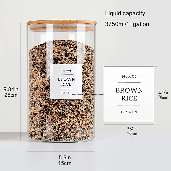 1 Gallon Large Glass Food Storage Containers With Airtight Bamboo Lid - Kitchen Glass Storage Jars Canister With 42 Pantry Labels - Thicken Big Clear Rice Containers For Your Pantry