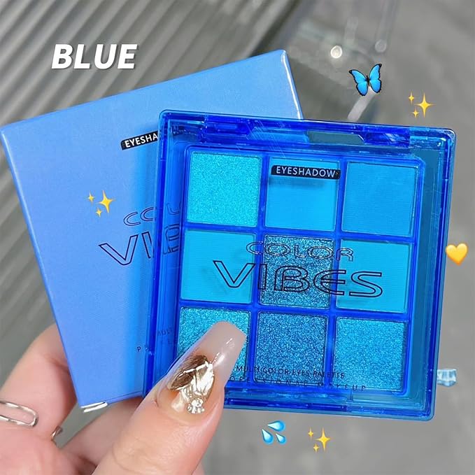 Erinde 9 Colors Dark Light Royal Cobalt Blue Pearl White Glitter Shimmer Eye Shadow Makeup Palette Highly Pigmented Waterproof Matte Glitter Shimmer Daily Party Sparkling Eyeshadow Palett for Girl-BrightBean Baby