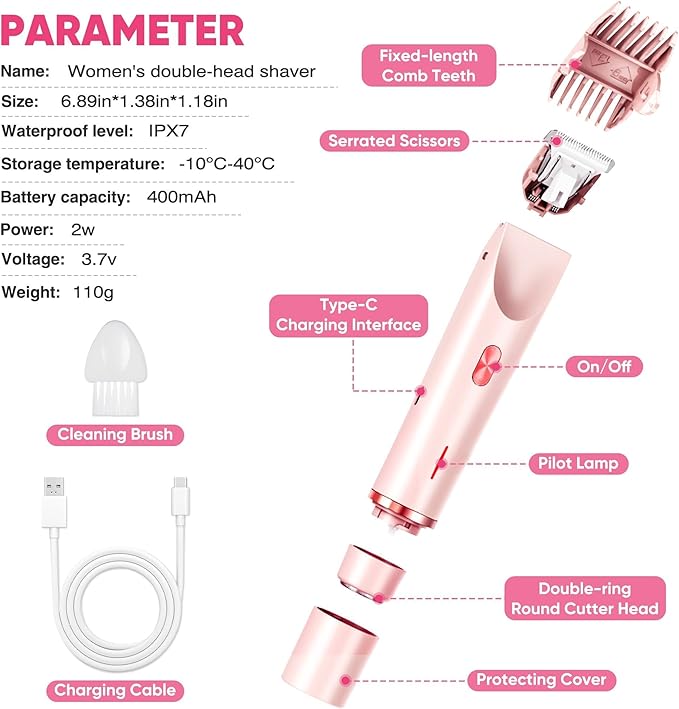 Bikini Trimmer for Women, Electric Razor & Shaver with Dual Ceramic Blades, Painless Hair Removal for Face, Body & Intimate Areas, 90min Cordless Runtime, Waterproof Travel Grooming Kit-BrightBean Baby