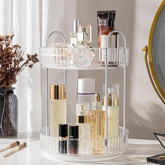 Rotating Makeup Organizer, 360° Spinning Makeup Storage Holder Rack, Dresser Bathroom Organizer Countertop, Large Capacity Perfume Skincare Lipstick Organizer for Vanity.(2 Tiers, Transparent)-BrightBean Baby